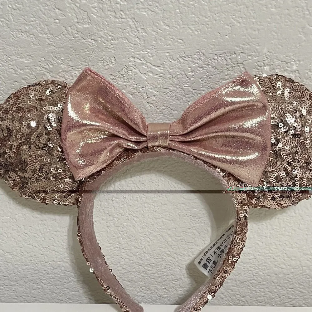 Disney Parks Minnie Mouse Ears Rose Gold Champagne Bow Sequin Headband